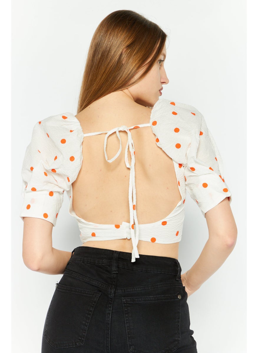 SkyLar Rose Women Queen Anne Neckline Puff Sleeve Polka Dots Top, White  - Image 4