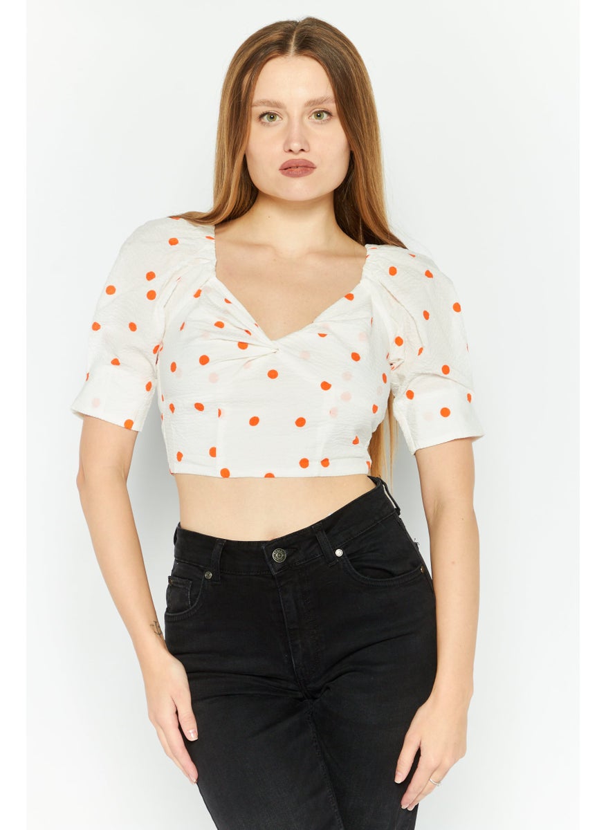 SkyLar Rose Women Queen Anne Neckline Puff Sleeve Polka Dots Top, White  - Image 1