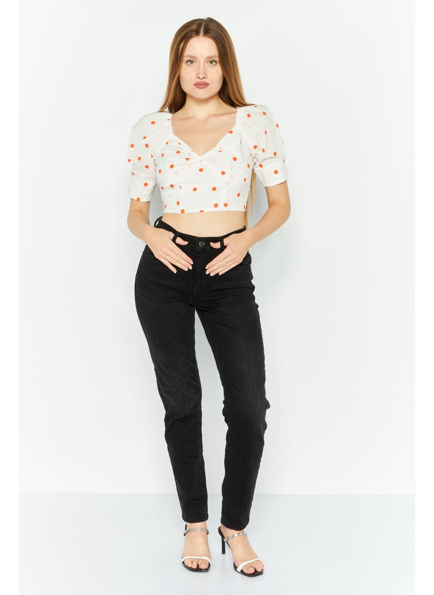 SkyLar Rose Women Queen Anne Neckline Puff Sleeve Polka Dots Top, White  - Image 2