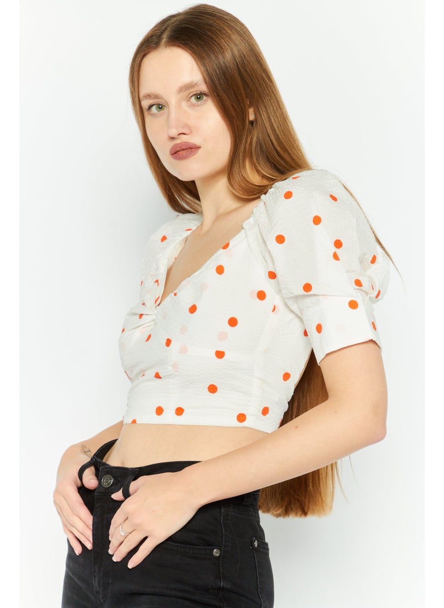 SkyLar Rose Women Queen Anne Neckline Puff Sleeve Polka Dots Top, White  - Image 3