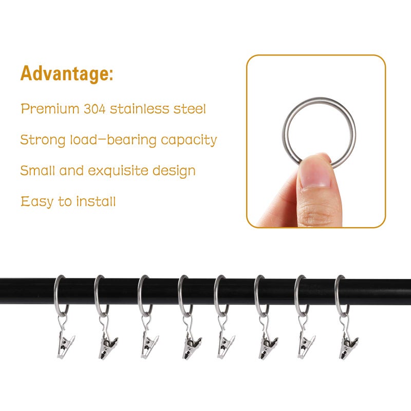 Lansian 20pcs Rustproof Drapery Matte Stainless Steel Metal Curtain Rings with Clips,Tension Curtain Hangers Clips, Decorative Curtain Rod Window, Matte Silver (1" Interior Diameter) - Image 3