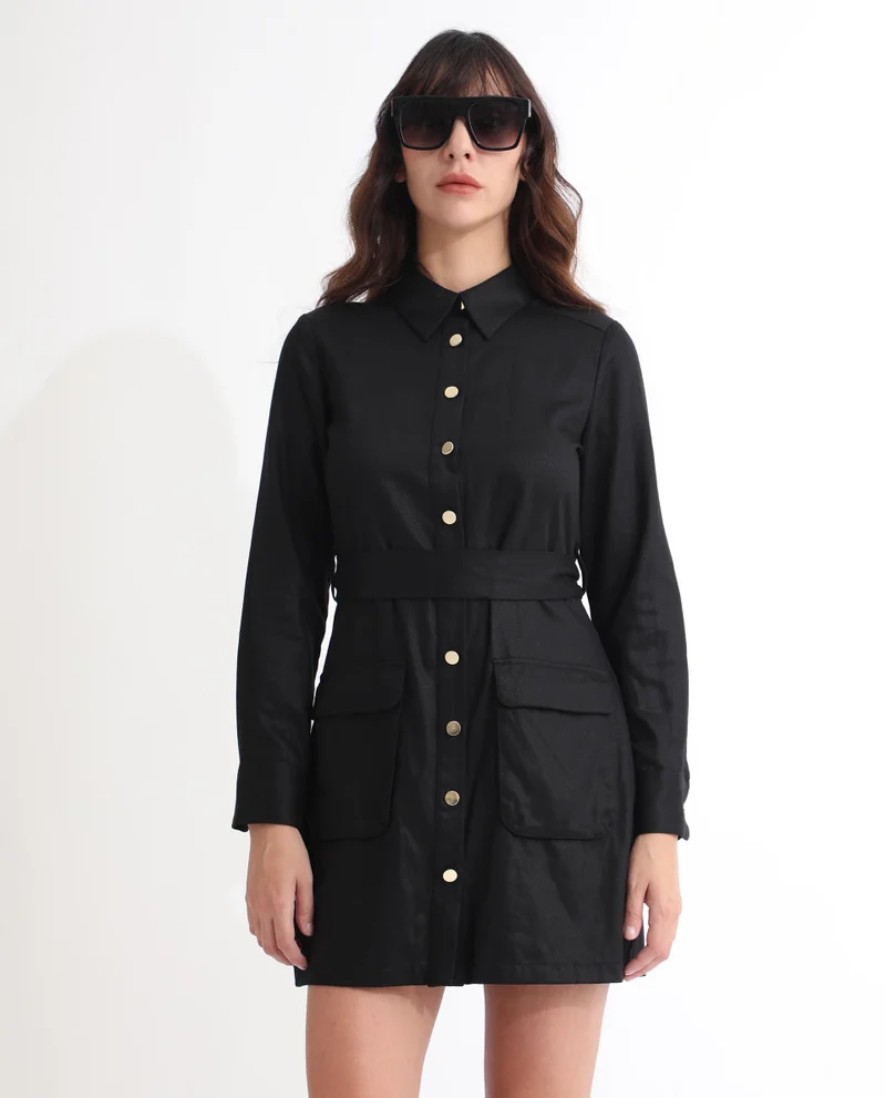 ريريزم Rareism Women Fenko Black Cotton Fabric Full Sleeves Button Closure Shirt Collar Relaxed Fit Plain Short Shirt Type Dress