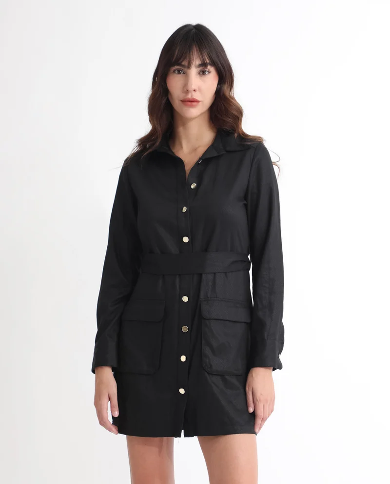 ريريزم Rareism Women Fenko Black Cotton Fabric Full Sleeves Button Closure Shirt Collar Relaxed Fit Plain Short Shirt Type Dress