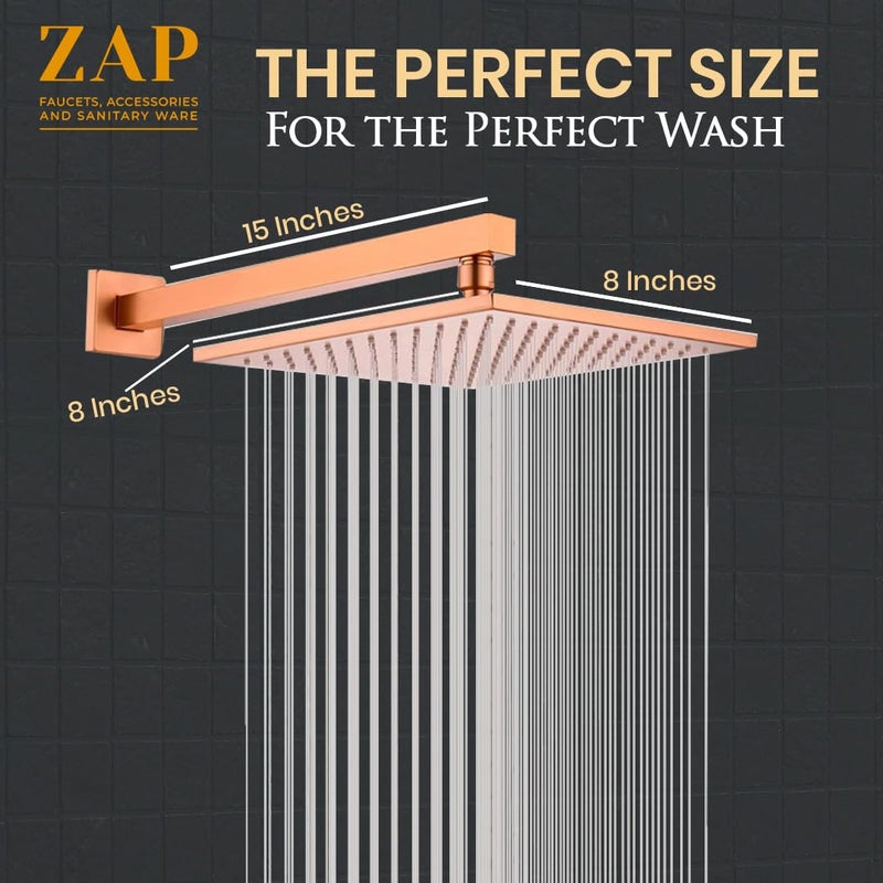 ZAP OHSQ65 360 Degree Rotation Rose Gold Square Wall Mounted Overhead Shower SUS 304 Stainless Steel | Anti-MIcrobial Silicon Nozzle (8 x 8 Inch Shower Head with 15 inches Rod) - Image 2