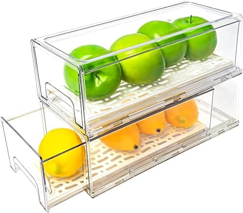 MANO 2 Pack Stackable Refrigerator Drawers Pull Out Bins Clear Fridge Drawer Organizer Food Storage Containers Plastic Veggie Fruit Produce Saver for Pantry Kitchen Freezer(M) - Image 1