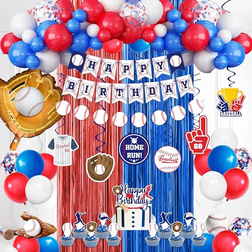 jenlion Baseball Party Decorations Baseball Birthday Party Supplies Kit Include Sport Themed Birthday banner Foil FringeHanging Swirls Baseball Balloons CakeCupcake Toppers - Image 1