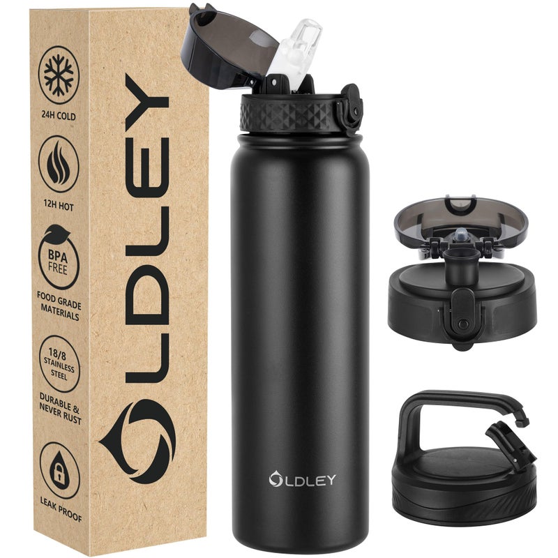 OLDLEY Stainless Steel Water Bottle with Straw 1L Vaccum Insulated Large Drink Flask Metal Water Bottles 1 Litre Leakproof Keep Drinks Hot Cold for Bike Sports Gym with Different LidsBlack 3 Lids