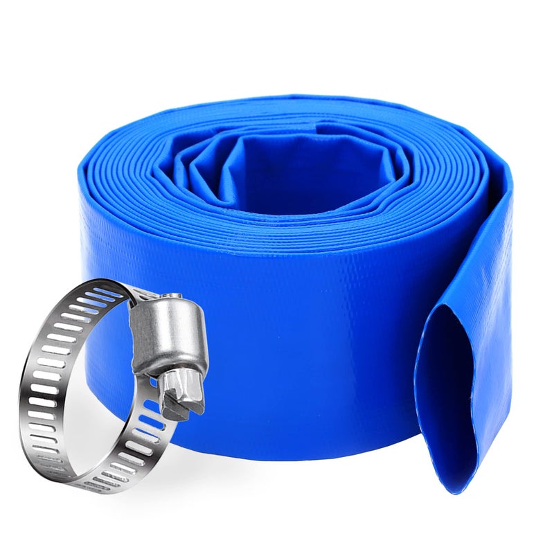 DAVCO 3" x 25 ft Pool Backwash Hose, Heavy Duty Reinforced Blue PVC Lay Flat Water Discharge Pump Hoses For Swimming Drain Pools and Clean Filters,with 1 Clamp - Image 1