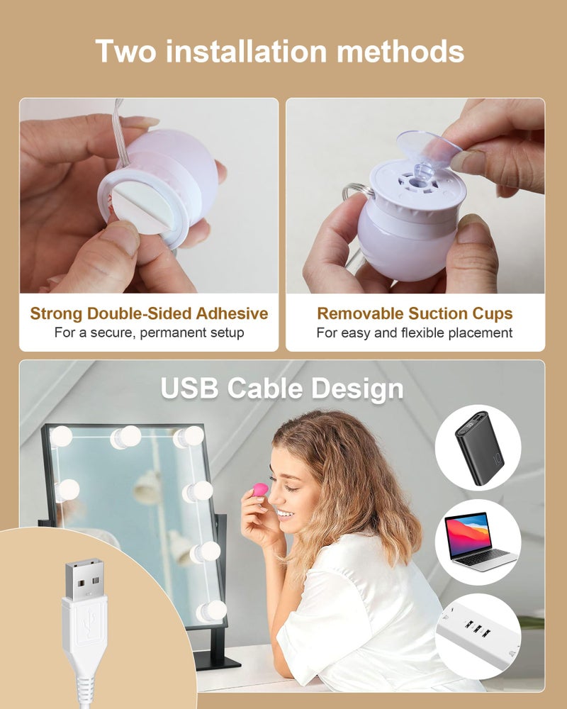 Yarnock 14 Bulbs LED Vanity Lights for Mirror, 3000K 4000K 6500K & 10-Brightness, Wire Length Adjustable, USB Cable, Hollywood Mirror Lights for Makeup Dressing Room Bathroom, White - Image 5