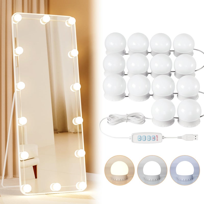 Yarnock 14 Bulbs LED Vanity Lights for Mirror, 3000K 4000K 6500K & 10-Brightness, Wire Length Adjustable, USB Cable, Hollywood Mirror Lights for Makeup Dressing Room Bathroom, White - Image 1