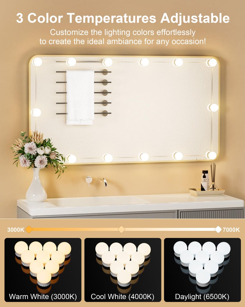 Yarnock 14 Bulbs LED Vanity Lights for Mirror, 3000K 4000K 6500K & 10-Brightness, Wire Length Adjustable, USB Cable, Hollywood Mirror Lights for Makeup Dressing Room Bathroom, White - Image 3