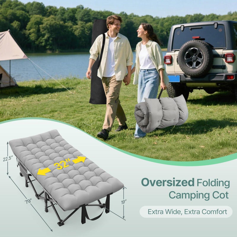 Suteck 32In XXL Folding Camping Cot, 900LBS Heavy Duty Sleeping Cot with Pillow Mattress, 1200D Double-Layer Oxford Portable Cot for Adults with Carry Bag for Home Office Nap Beach Travel - Image 2