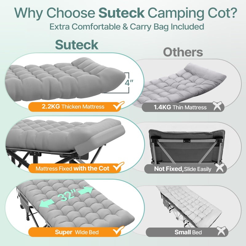 Suteck 32In XXL Folding Camping Cot, 900LBS Heavy Duty Sleeping Cot with Pillow Mattress, 1200D Double-Layer Oxford Portable Cot for Adults with Carry Bag for Home Office Nap Beach Travel - Image 4