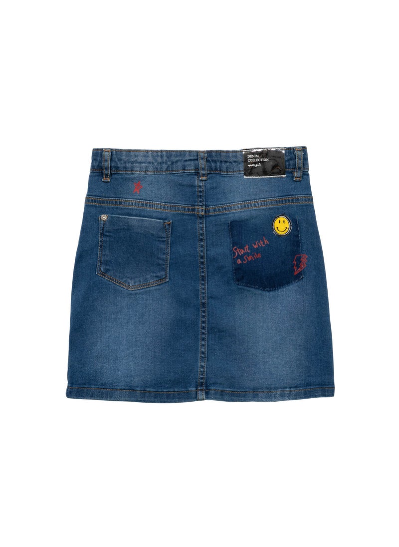 MINOTI Girls Denim Skirt with Embroidery and Button Front  - Image 2