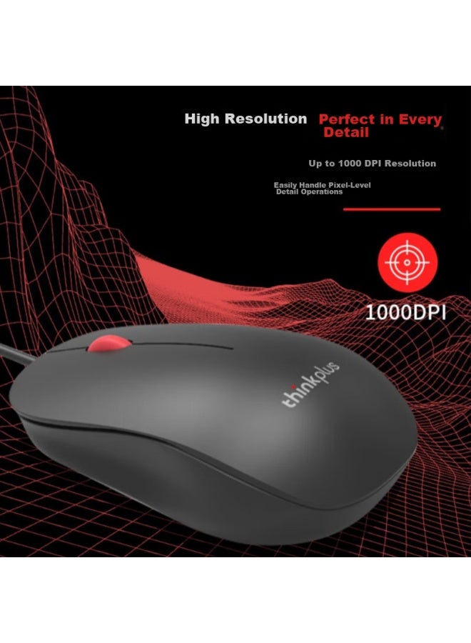 Thinkpad Lenovo Usb Wired Office Mouse With Red Dot, Quiet, Ergonomic, Symmetrical Design, 1.5-meter Long Cable, Compatible With Laptops And Desktop Computers - Image 2