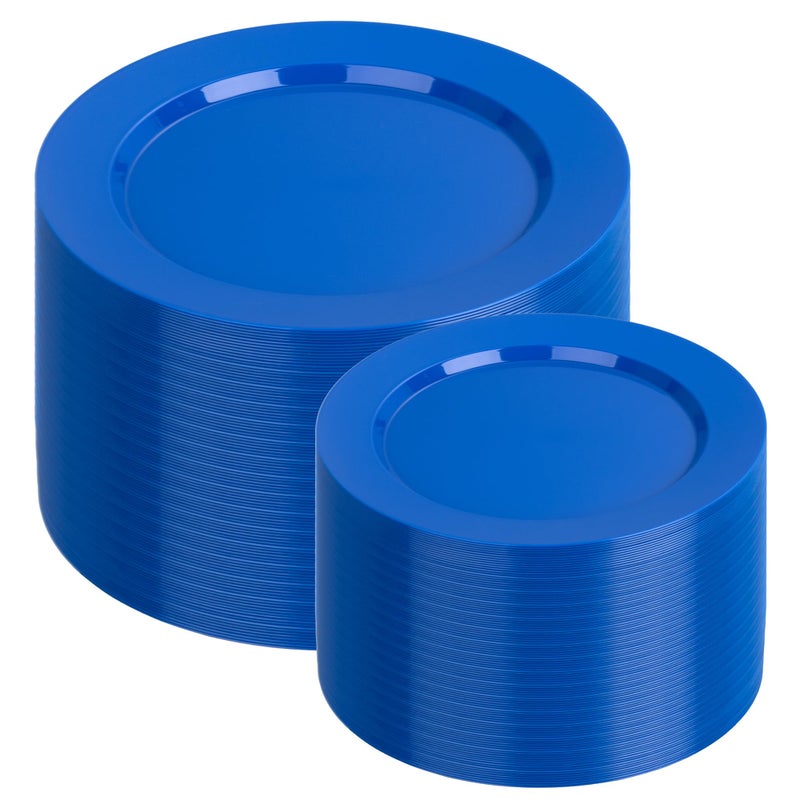 I00000 200 Pcs Plastic Plates, Plates Disposable Blue Party Plates Include 100 Blue Dinner Plate 10â€™â€™ and 100 Plastic Dessert Plate 7â€™â€™ Perfect for Wedding, Party - Image 1