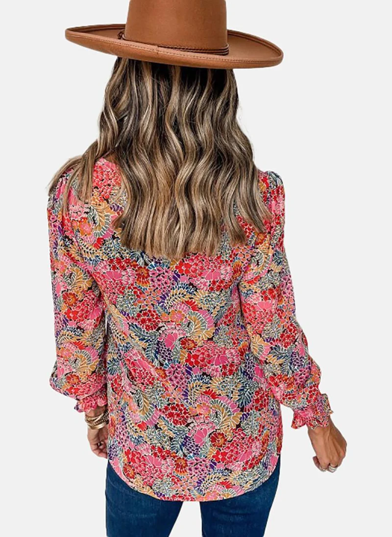 يونيكي Pink Floral Long Sleeve Round Neck Tunics