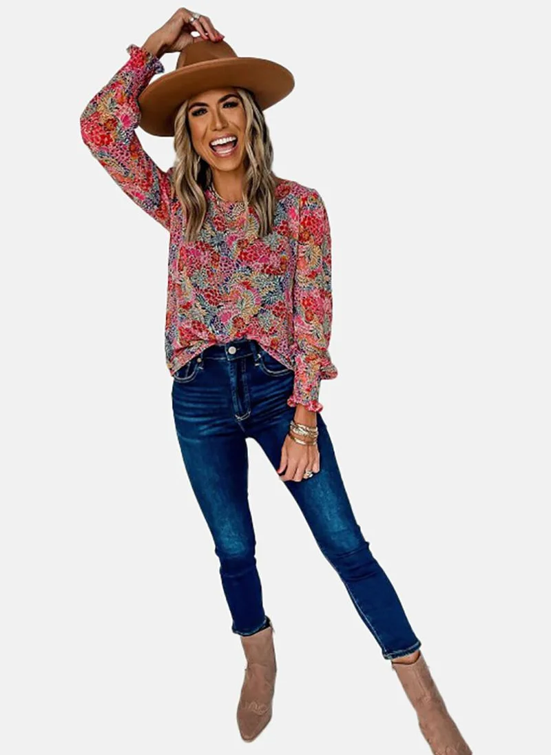 يونيكي Pink Floral Long Sleeve Round Neck Tunics