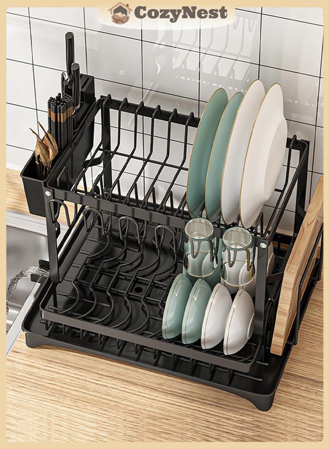 CozyNest Large Dish Drying Rack, 2-Tier Stainless Steel Kitchen Organizer with Utensil Holder, Cutting Board Rack & Drainage System, Black Dish Rack for Countertop - Image 1