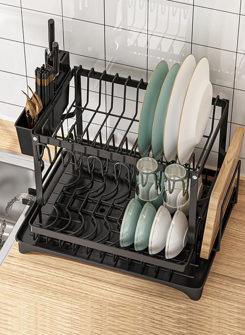 CozyNest Large Dish Drying Rack, 2-Tier Stainless Steel Kitchen Organizer with Utensil Holder, Cutting Board Rack & Drainage System, Black Dish Rack for Countertop - Image 4