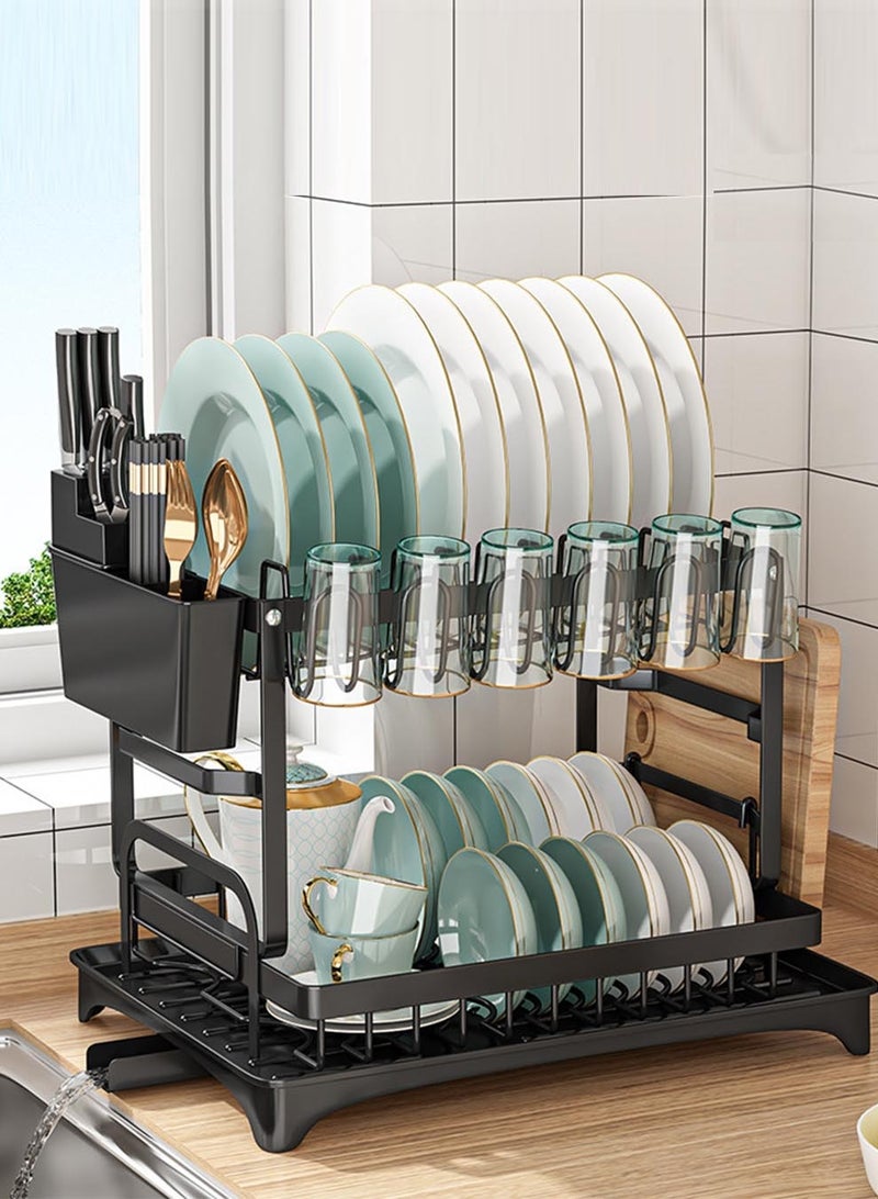CozyNest Large Dish Drying Rack, 2-Tier Stainless Steel Kitchen Organizer with Utensil Holder, Cutting Board Rack & Drainage System, Black Dish Rack for Countertop - Image 2