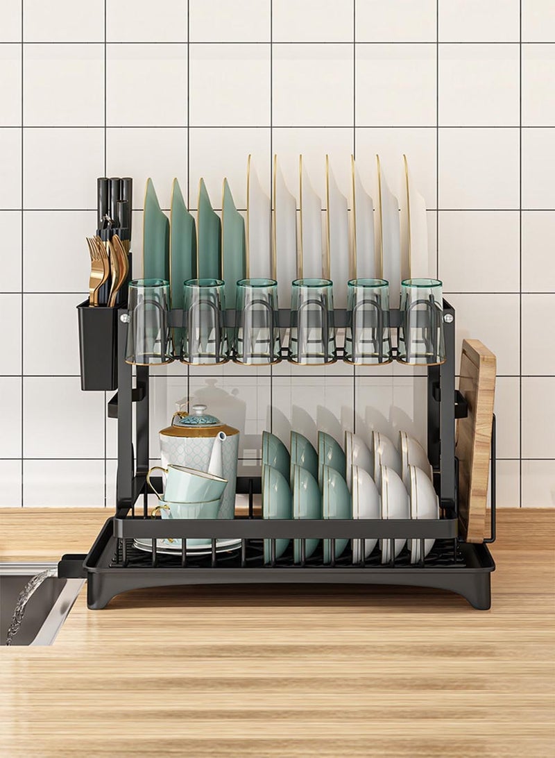 CozyNest Large Dish Drying Rack, 2-Tier Stainless Steel Kitchen Organizer with Utensil Holder, Cutting Board Rack & Drainage System, Black Dish Rack for Countertop - Image 3