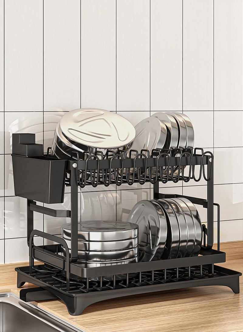 CozyNest Large Dish Drying Rack, 2-Tier Stainless Steel Kitchen Organizer with Utensil Holder, Cutting Board Rack & Drainage System, Black Dish Rack for Countertop - Image 5