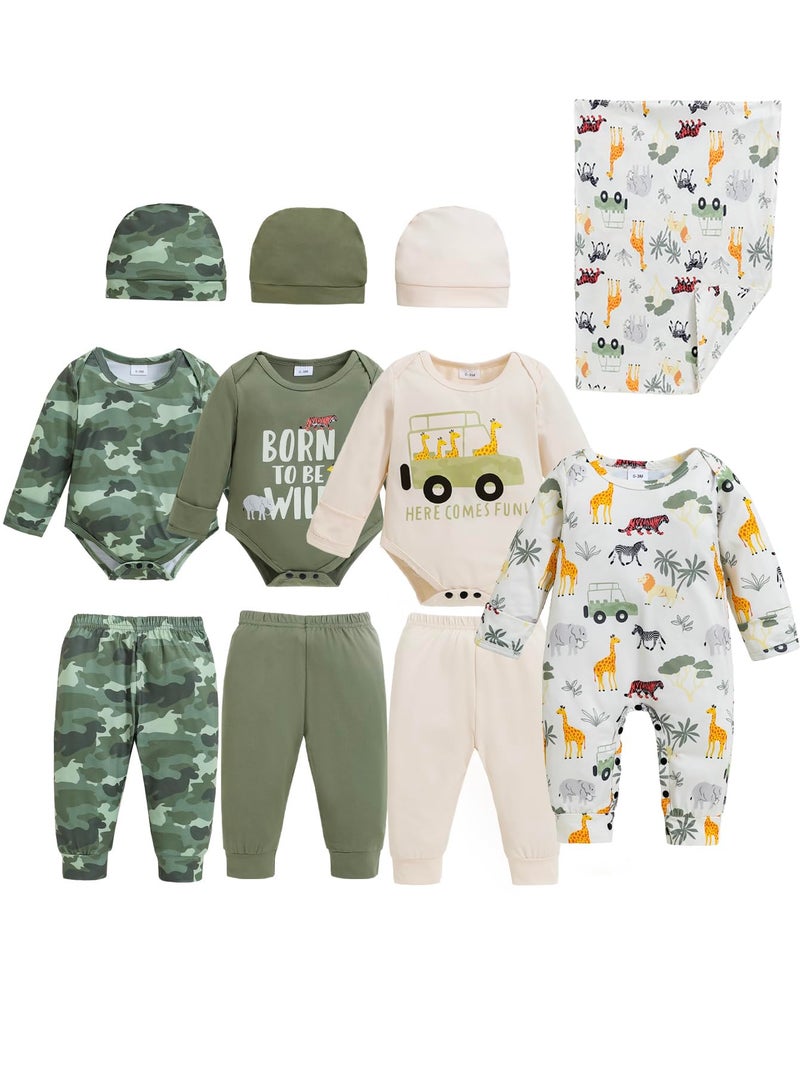 Renotemy Baby Boy Girl Clothes Fall Winter Essentials 11-Piece Layette Set with Bodysuits, Pants, Hat, Jumpsuit, Blanket Infant Unisex Outfit Gift for Coming Home, Shower Gifts (3-6 Months,Camouflage) - Image 1