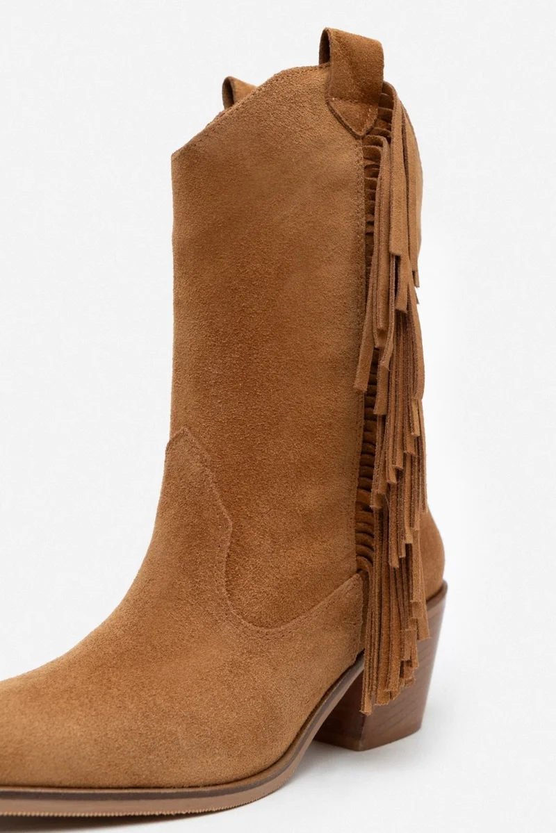 نيشانتاشي شوز Champ Brown Suede Leather Tassel Detail Women's Thick Heeled Dallas Boots