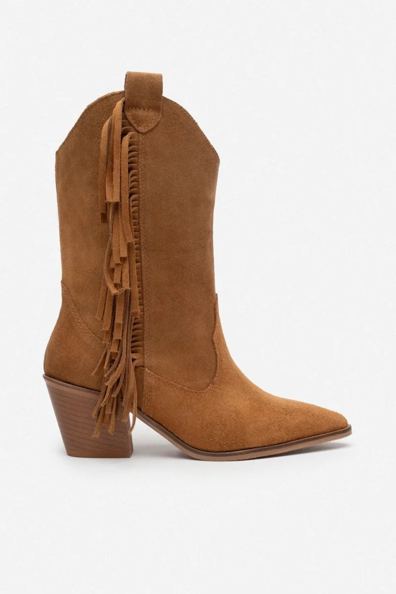 نيشانتاشي شوز Champ Brown Suede Leather Tassel Detail Women's Thick Heeled Dallas Boots