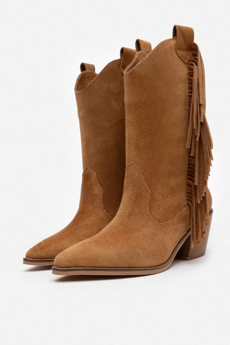نيشانتاشي شوز Champ Brown Suede Leather Tassel Detail Women's Thick Heeled Dallas Boots