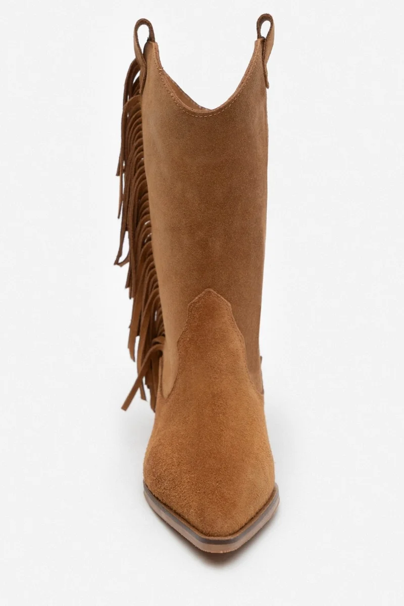 نيشانتاشي شوز Champ Brown Suede Leather Tassel Detail Women's Thick Heeled Dallas Boots