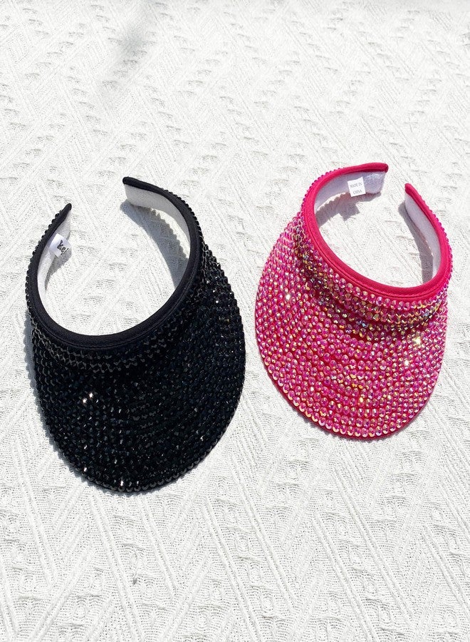 كيجيا عبوة من قطعتين من قبعات الشمس اللامعة المرصعة بأحجار الراين، مناسبة للرجال والنساء، قبعات رياضية لامعة مرصعة بالكريستال للجولف والشاطئ والتنس (أسود-وردي) - Image 2