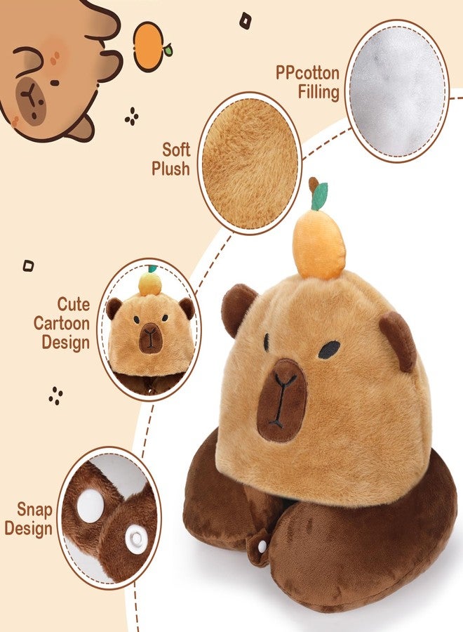 EVOLVEOVER Capybara U-Shaped Travel Pillow with Hood,Neck Headrest Plush Pillow,Hooded Sleeping Supplies Neck Chin Support Stuffed Animal Pillow for Airplane Train Car Office - Image 2