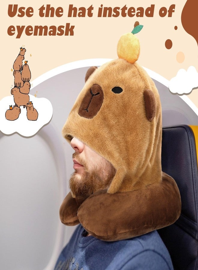 EVOLVEOVER Capybara U-Shaped Travel Pillow with Hood,Neck Headrest Plush Pillow,Hooded Sleeping Supplies Neck Chin Support Stuffed Animal Pillow for Airplane Train Car Office - Image 4