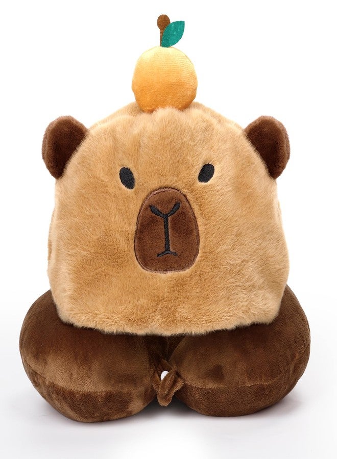 EVOLVEOVER Capybara U-Shaped Travel Pillow with Hood,Neck Headrest Plush Pillow,Hooded Sleeping Supplies Neck Chin Support Stuffed Animal Pillow for Airplane Train Car Office - Image 1