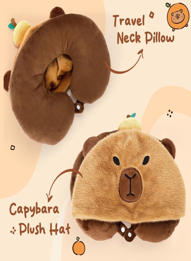 EVOLVEOVER Capybara U-Shaped Travel Pillow with Hood,Neck Headrest Plush Pillow,Hooded Sleeping Supplies Neck Chin Support Stuffed Animal Pillow for Airplane Train Car Office - Image 3
