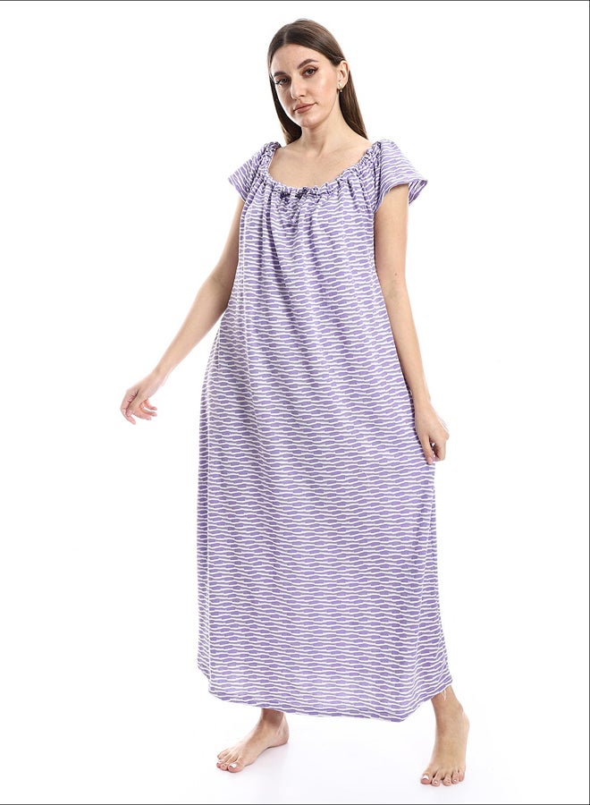 Andora Self Patterned Cotton Nightgown - White & Pale Purple_Purple - Image 1