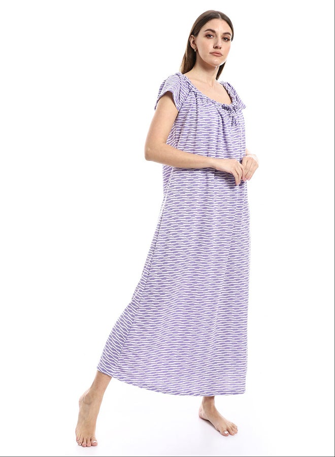 Andora Self Patterned Cotton Nightgown - White & Pale Purple_Purple - Image 4