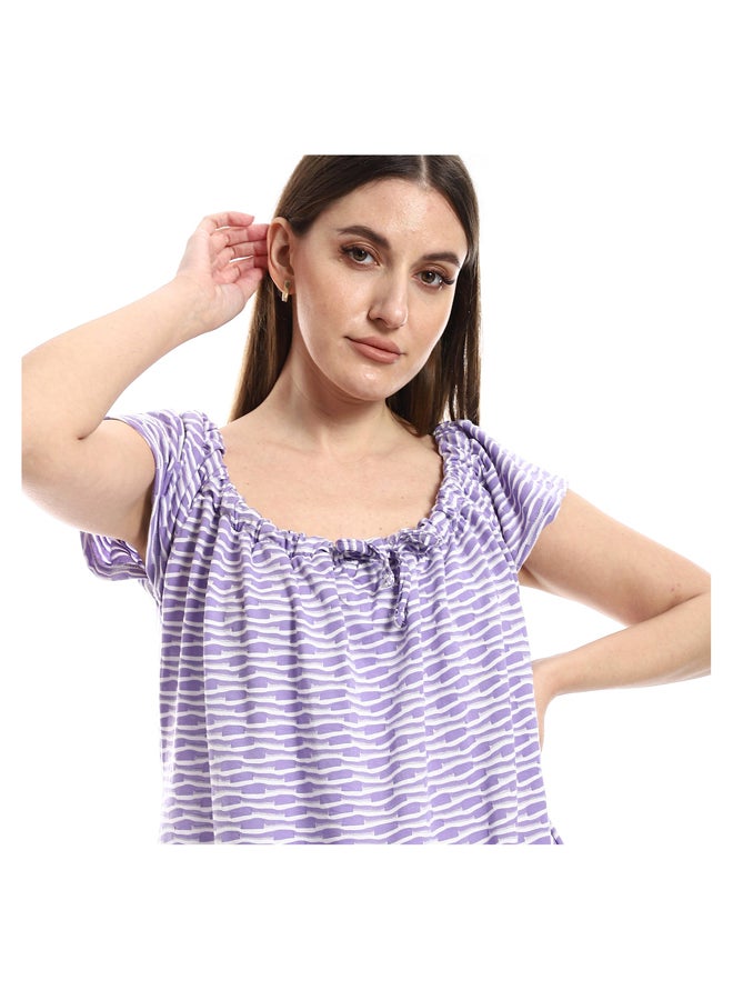 Andora Self Patterned Cotton Nightgown - White & Pale Purple_Purple - Image 5