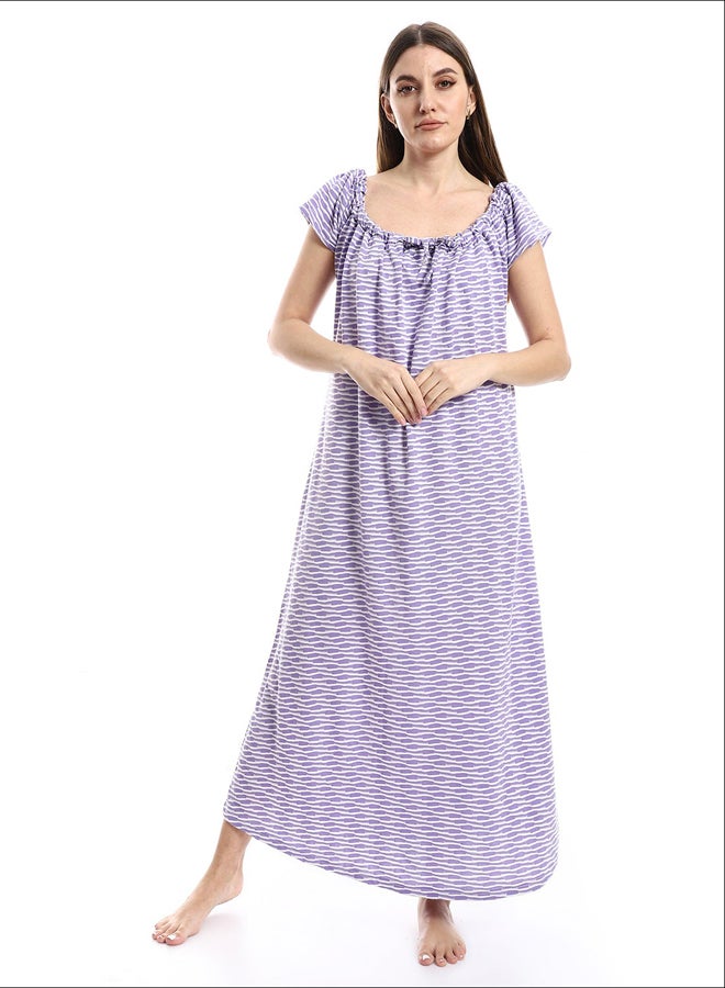 Andora Self Patterned Cotton Nightgown - White & Pale Purple_Purple - Image 2