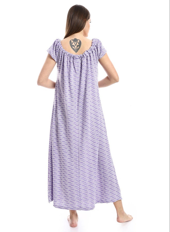 Andora Self Patterned Cotton Nightgown - White & Pale Purple_Purple - Image 3