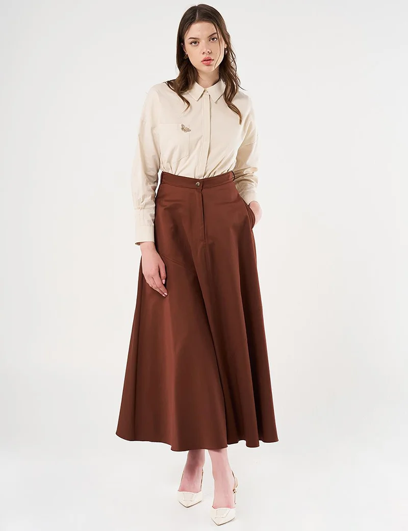 Kayra Stitch Detailed A-Line Skirt Brown