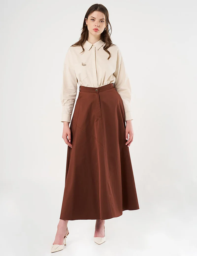 Kayra Stitch Detailed A-Line Skirt Brown