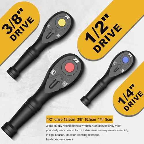 Aiourx 3PCS Stubby Ratchet Set, 1/4'', 3/8'', 1/2'' Drive Mini Ratchet Handle, 72-Tooth Quick Release Reversible Socket Wrench, CR-V Steel, Mechanical Maintenance, Bicycle Repair, DIYer - Image 2