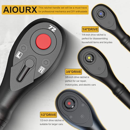 Aiourx 3PCS Stubby Ratchet Set, 1/4'', 3/8'', 1/2'' Drive Mini Ratchet Handle, 72-Tooth Quick Release Reversible Socket Wrench, CR-V Steel, Mechanical Maintenance, Bicycle Repair, DIYer - Image 3