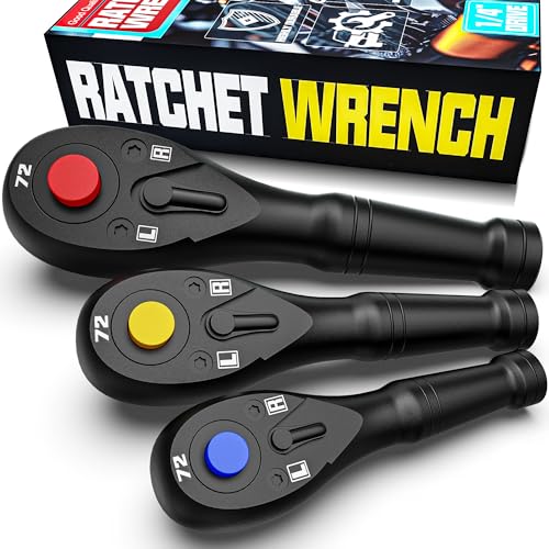 Aiourx 3PCS Stubby Ratchet Set, 1/4'', 3/8'', 1/2'' Drive Mini Ratchet Handle, 72-Tooth Quick Release Reversible Socket Wrench, CR-V Steel, Mechanical Maintenance, Bicycle Repair, DIYer - Image 5
