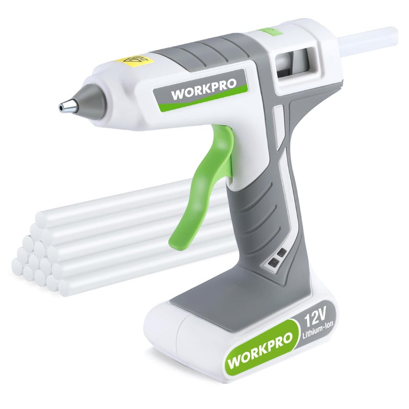 WORKPRO Full Size Cordless Hot Melt Glue Gun - 12V Rechargeable Fast Preheating Glue Gun Kit with 15pcs Full Size Glue Sticks, Auto Power-off Glue Gun for DIY Project, Art, Craft, Decoration - White - Image 1