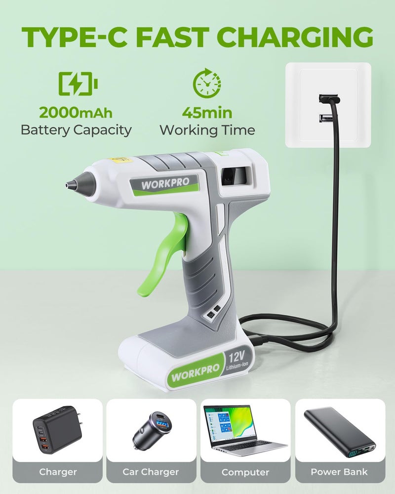 WORKPRO Full Size Cordless Hot Melt Glue Gun - 12V Rechargeable Fast Preheating Glue Gun Kit with 15pcs Full Size Glue Sticks, Auto Power-off Glue Gun for DIY Project, Art, Craft, Decoration - White - Image 5