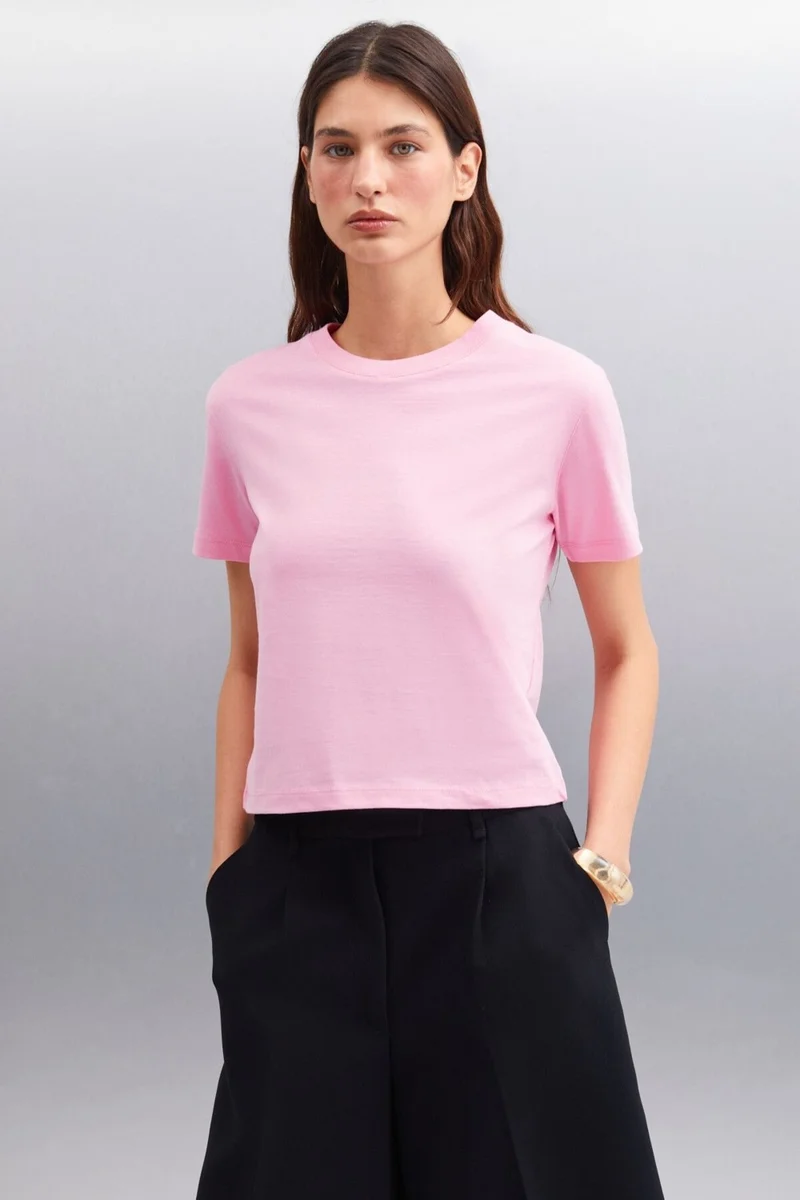 GRIMELANGE Melany Women's 100% Organic Cotton Crew Neck Basic Pink T-shirt